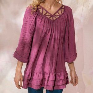 Soft Surroundings Tunic Top Women Small Detail Neck Ruffled Cuffs & Hem
